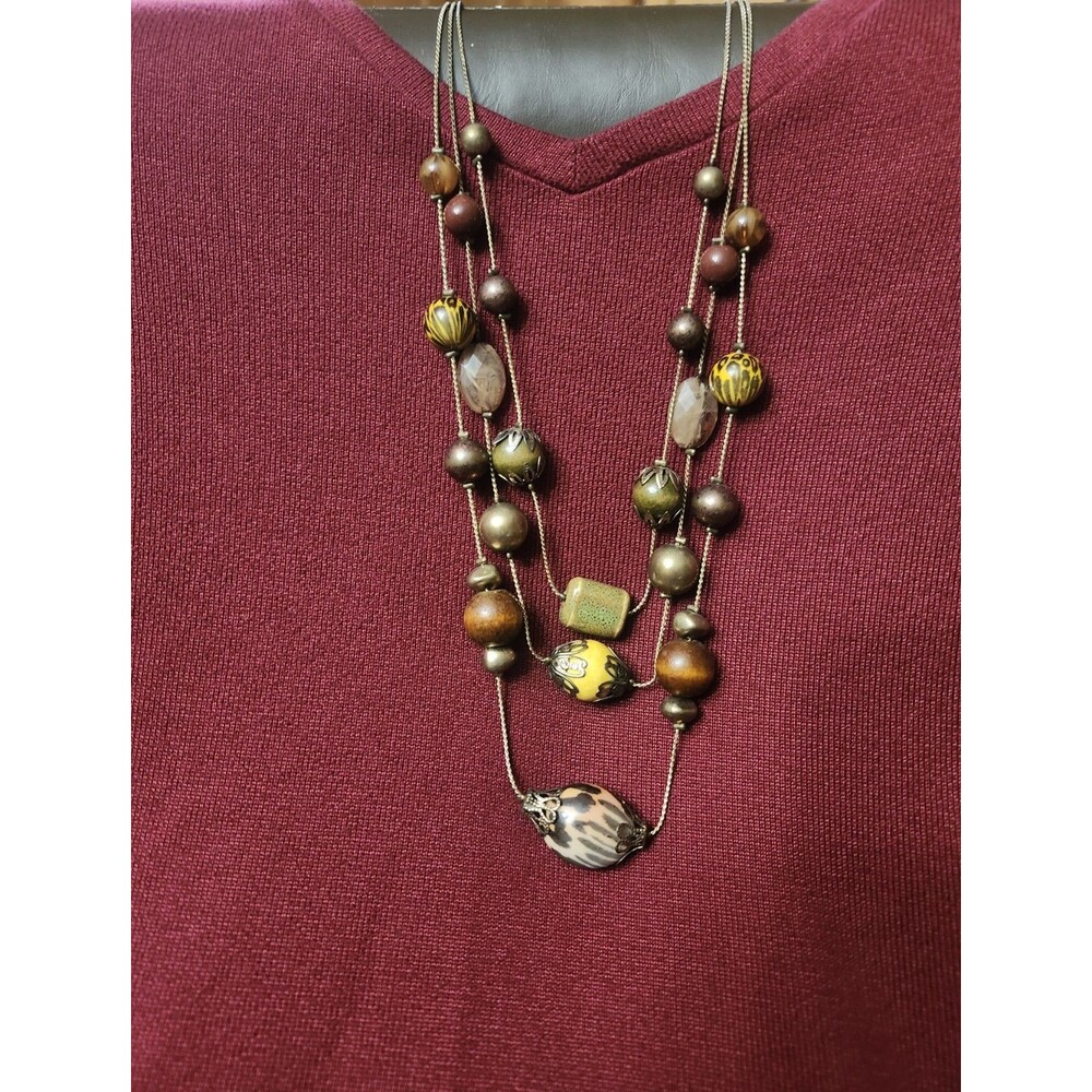 Multi-Strand Beaded Pendant Necklace Brown Gold Oval Adjustable Lobster Clasp